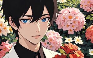 Preview wallpaper guy, suit, flowers, bouquet, anime