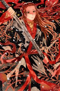 Preview wallpaper guy, sword, kimono, snow, watercolor, anime