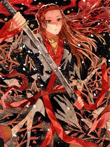 Preview wallpaper guy, sword, kimono, snow, watercolor, anime