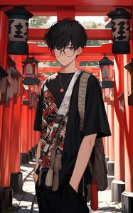 Preview wallpaper guy, torii gate, lights, anime