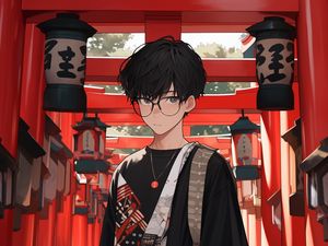 Preview wallpaper guy, torii gate, lights, anime