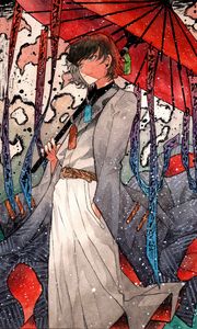 Preview wallpaper guy, umbrella, snow, watercolor, anime