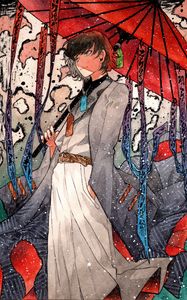 Preview wallpaper guy, umbrella, snow, watercolor, anime