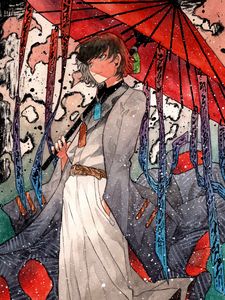 Preview wallpaper guy, umbrella, snow, watercolor, anime