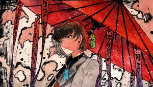 Preview wallpaper guy, umbrella, snow, watercolor, anime