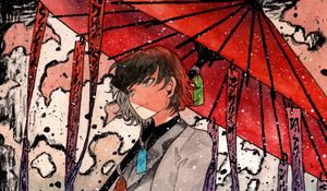 Preview wallpaper guy, umbrella, snow, watercolor, anime