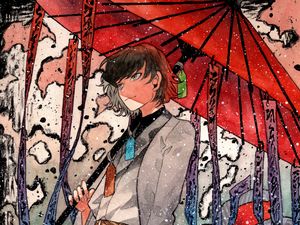 Preview wallpaper guy, umbrella, snow, watercolor, anime