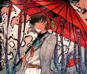 Preview wallpaper guy, umbrella, snow, watercolor, anime