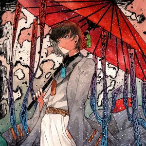 Preview wallpaper guy, umbrella, snow, watercolor, anime