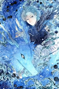 Preview wallpaper guy, wolf, watercolor, anime, blue