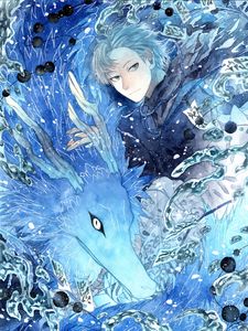 Preview wallpaper guy, wolf, watercolor, anime, blue