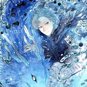 Preview wallpaper guy, wolf, watercolor, anime, blue