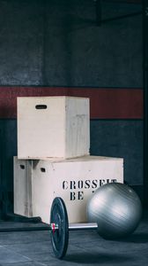 Preview wallpaper gym, dumbbell, boxes, ball, sport, inscription