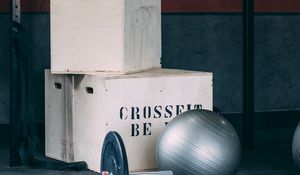 Preview wallpaper gym, dumbbell, boxes, ball, sport, inscription