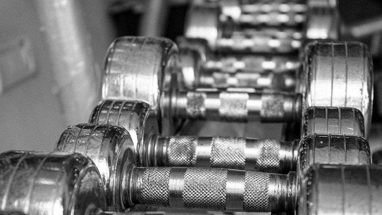 Wallpaper gym, dumbbells, metal, sports, black and white, bw