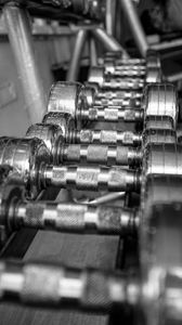 Preview wallpaper gym, dumbbells, metal, sports, black and white, bw
