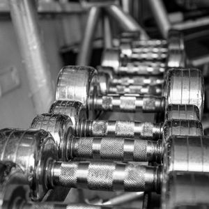 Preview wallpaper gym, dumbbells, metal, sports, black and white, bw