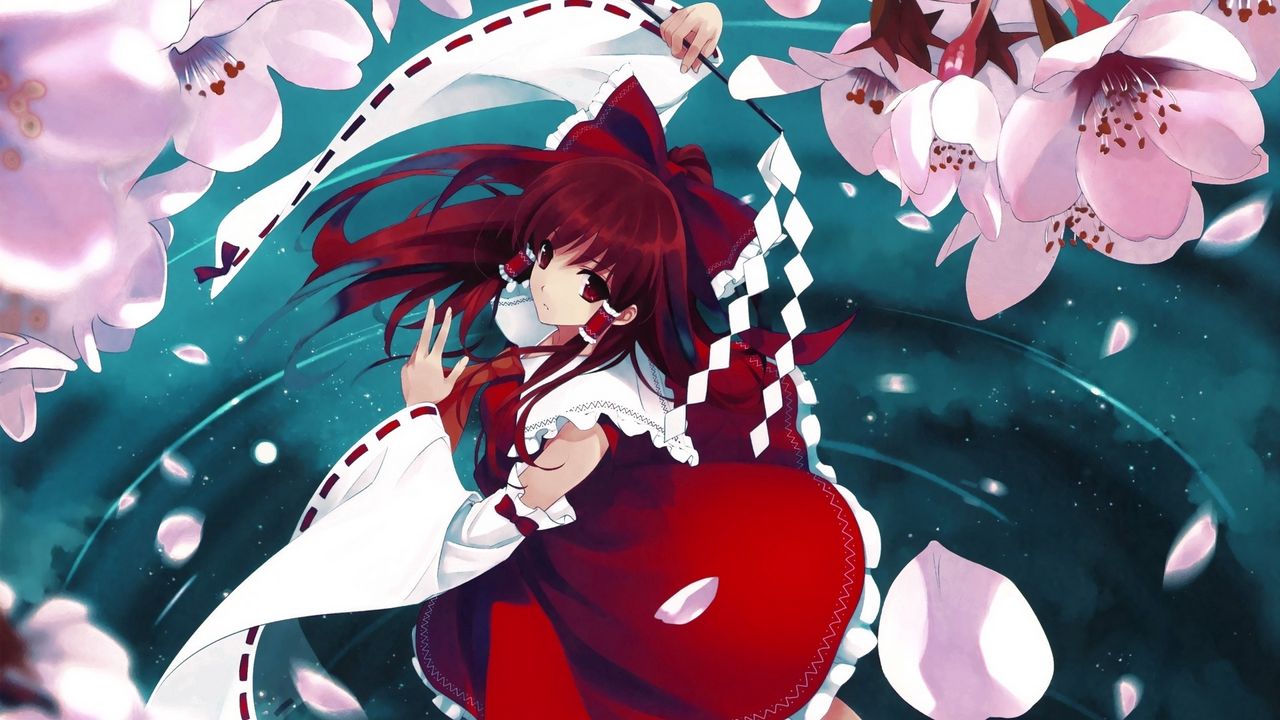 Wallpaper hakurei reimu, misaki kurehito, water, petals, sakura