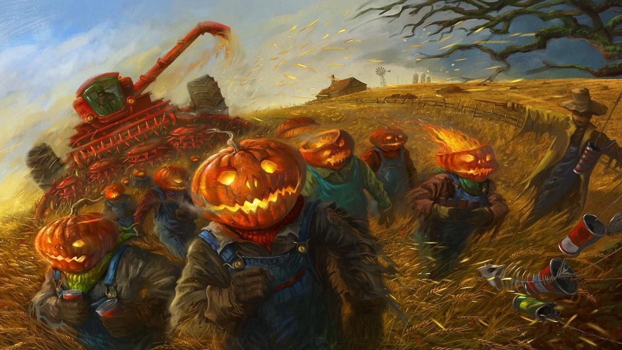 Wallpaper halloween, holiday, field, grain, people, pumpkin, running