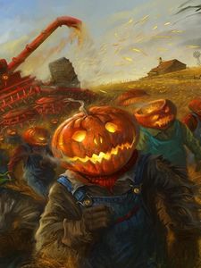 Preview wallpaper halloween, holiday, field, grain, people, pumpkin, running