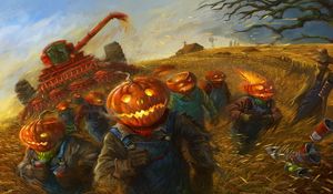 Preview wallpaper halloween, holiday, field, grain, people, pumpkin, running