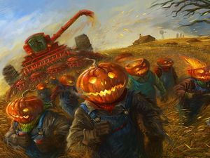 Preview wallpaper halloween, holiday, field, grain, people, pumpkin, running