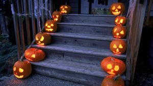 Preview wallpaper halloween, holiday, pumpkin, stairs, porch