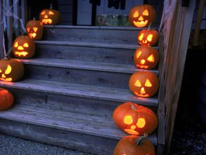 Preview wallpaper halloween, holiday, pumpkin, stairs, porch