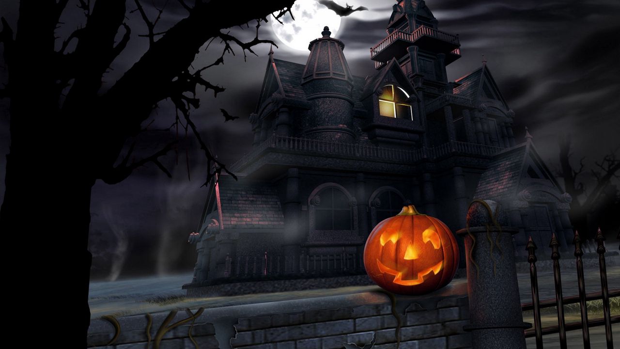 Wallpaper halloween, pumpkin, lantern, house, darkness, gloom
