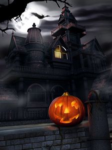 Preview wallpaper halloween, pumpkin, lantern, house, darkness, gloom