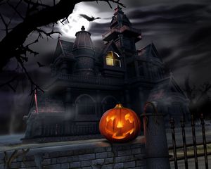 Preview wallpaper halloween, pumpkin, lantern, house, darkness, gloom