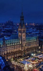 Preview wallpaper hamburg, germany, town hall, night city, area, building