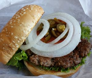 Preview wallpaper hamburger, burger, bun, onion, meat