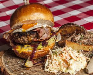 Preview wallpaper hamburger, burger, meat, vegetables