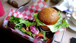 Preview wallpaper hamburger, vegetables, fast foods