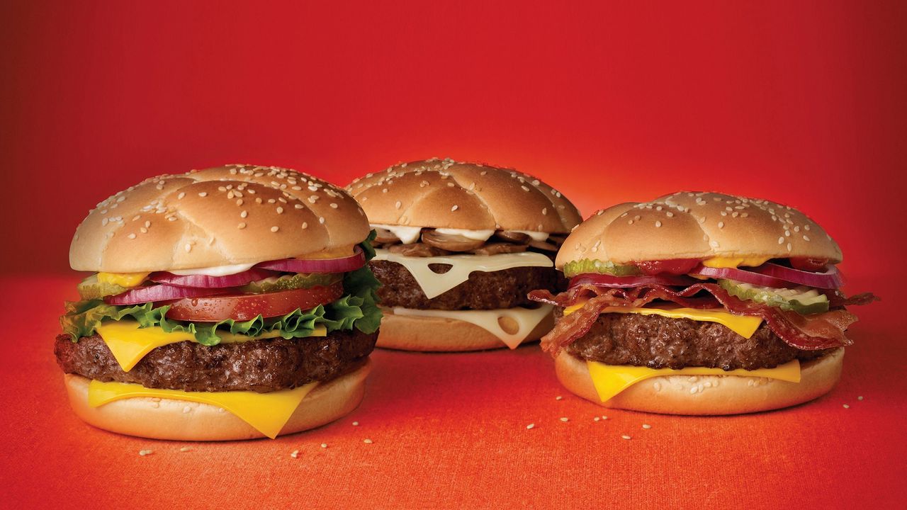 Wallpaper hamburgers, layers, stuffing, red background, fast food