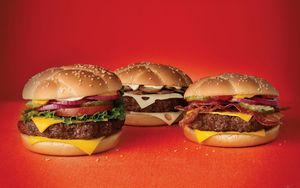 Preview wallpaper hamburgers, layers, stuffing, red background, fast food