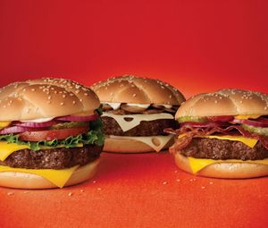 Preview wallpaper hamburgers, layers, stuffing, red background, fast food