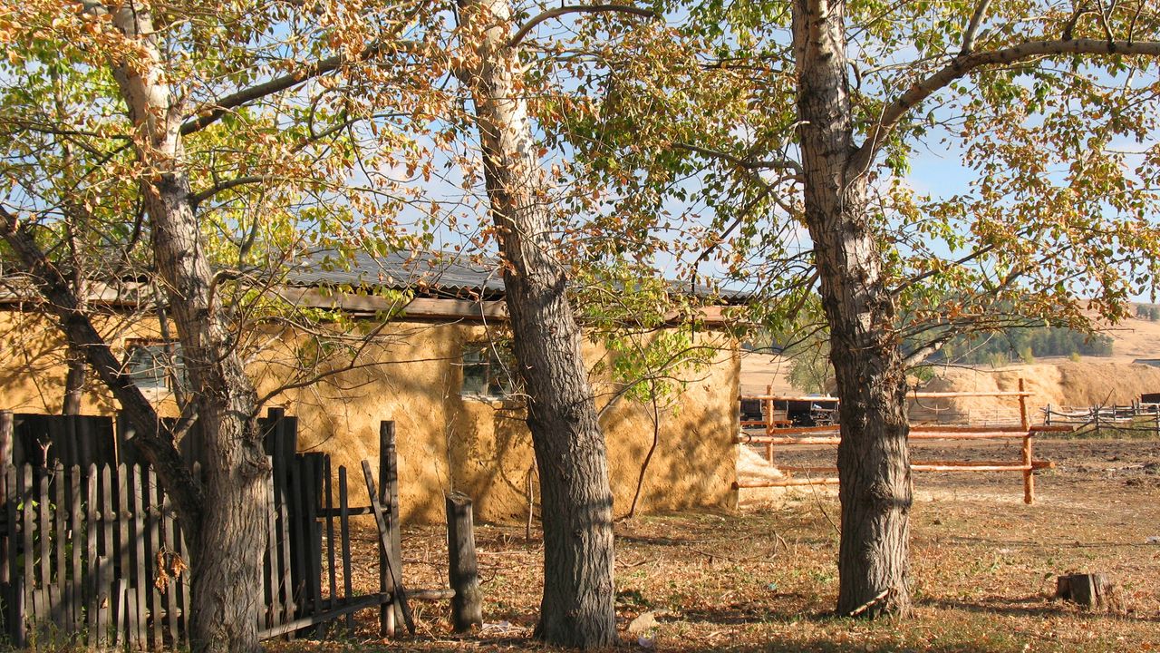 Wallpaper hamlet, village, fall, fence, barn, house, lobanov, kazakhstan, chelkar