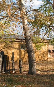 Preview wallpaper hamlet, village, fall, fence, barn, house, lobanov, kazakhstan, chelkar