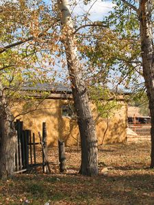 Preview wallpaper hamlet, village, fall, fence, barn, house, lobanov, kazakhstan, chelkar