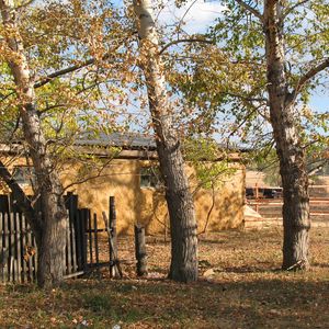 Preview wallpaper hamlet, village, fall, fence, barn, house, lobanov, kazakhstan, chelkar