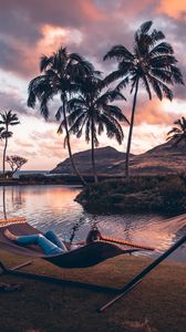 Preview wallpaper hammock, lake, palm trees, mountains, rest