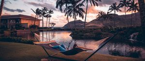 Preview wallpaper hammock, lake, palm trees, mountains, rest