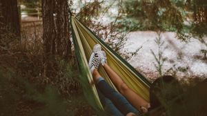 Preview wallpaper hammock, legs, camping, recreation, forest, travel