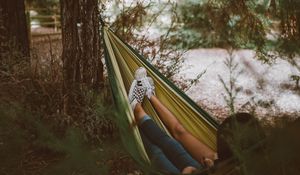 Preview wallpaper hammock, legs, camping, recreation, forest, travel
