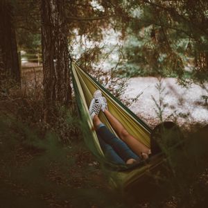 Preview wallpaper hammock, legs, camping, recreation, forest, travel