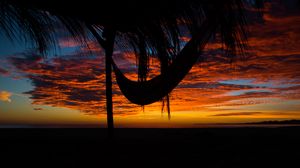 Preview wallpaper hammock, palm tree, sunset, clouds