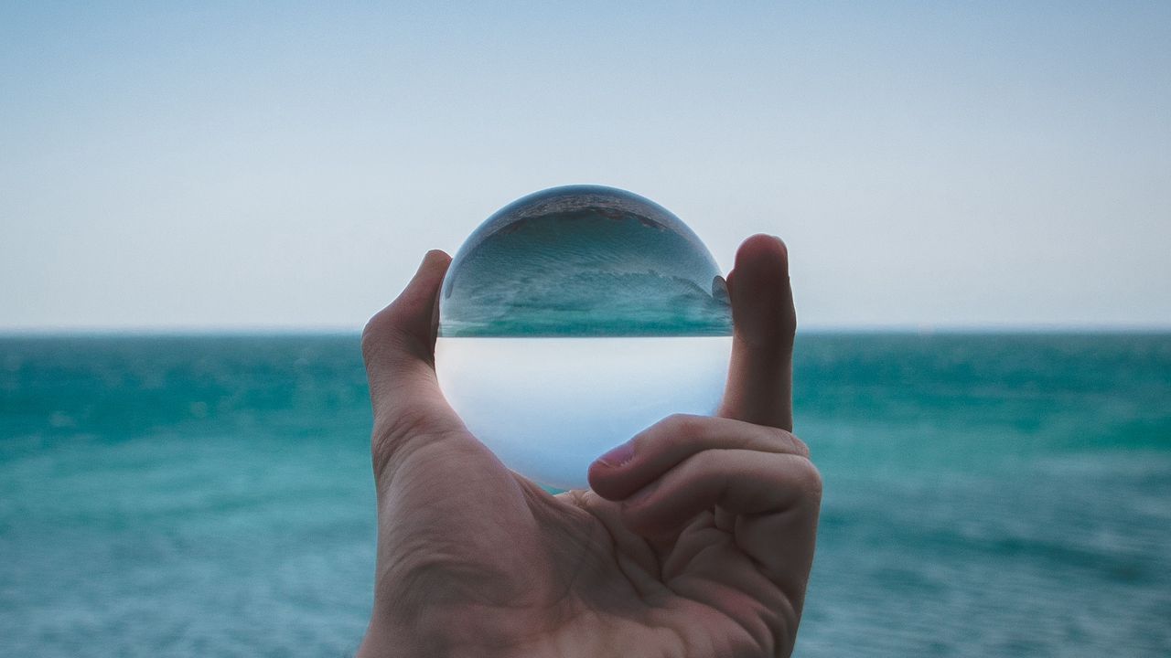 Wallpaper hand, ball, glass, reflection, distortion, sea hd, picture, image