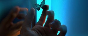 Preview wallpaper hand, butterfly, neon, fingers, glow, blue